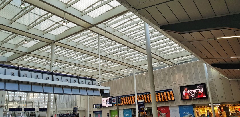 Looking across the upper concourse to the exit on the left
