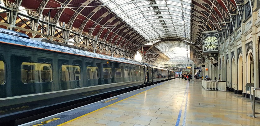 Looking along at platform 1, the ticket office is at its concourse end on the right