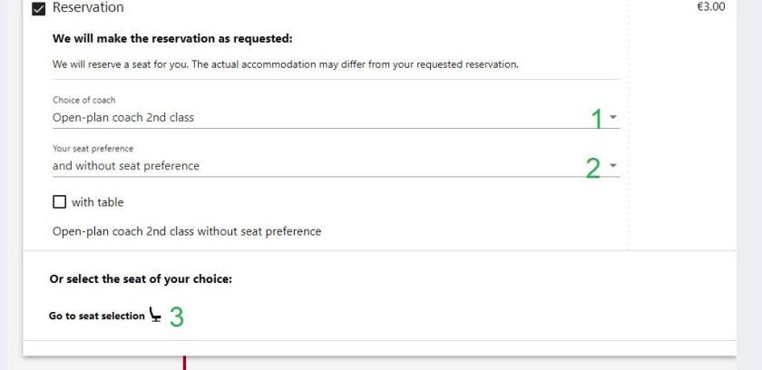The type of seat options when booking tickets on the OBB website