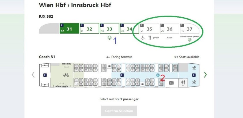 Using the seating plan when booking tickets on the OBB website
