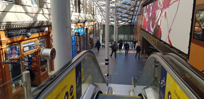 Flights of escalators lead down The Waverley Steps. the entrance to The Waverley Mall food court is on the right