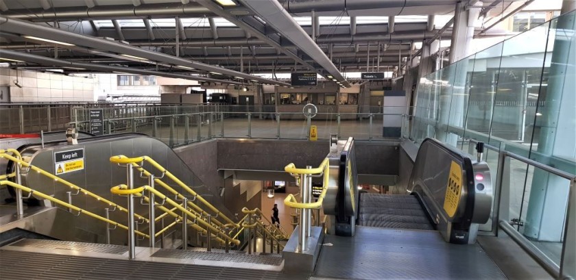 Escalators lead down from the Thameslink platforms at Blackfriars