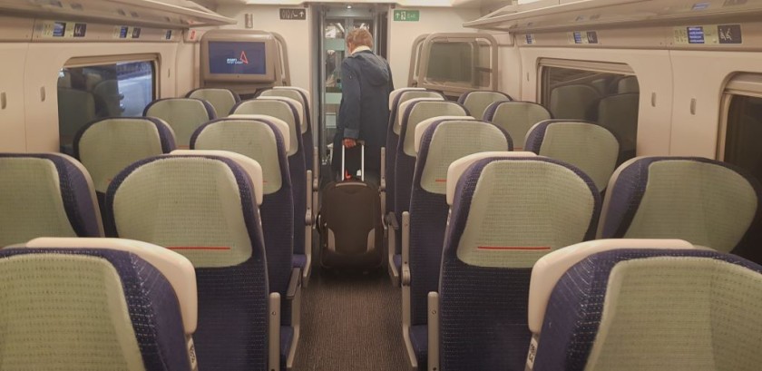 The end of the Standard Class seating saloon on an Avanti Evero train