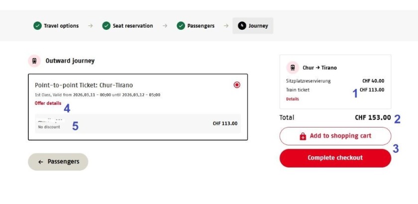 Confirming a ticket booking for the Bernina Express