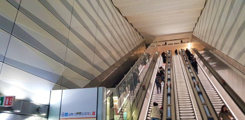 The lift on the left and the escalators up to the Elizabeth line exit at Liverpool Street