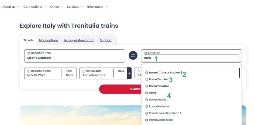 Selecting stations when booking tickets on the Trenitalia website
