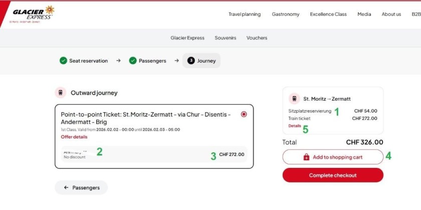 Your order confirmation on the Glacier Express website