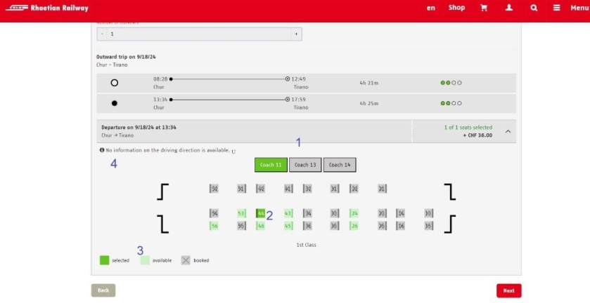 Using the Bernina Express seating plan