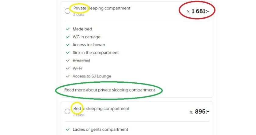 Booking solo occupancy of a second class sleeping cabin on the SJ website