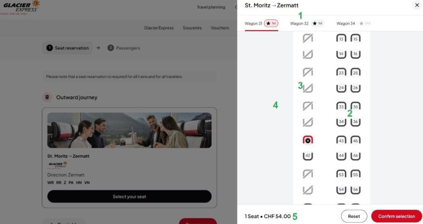 Using the seating plan on the Glacier Express website