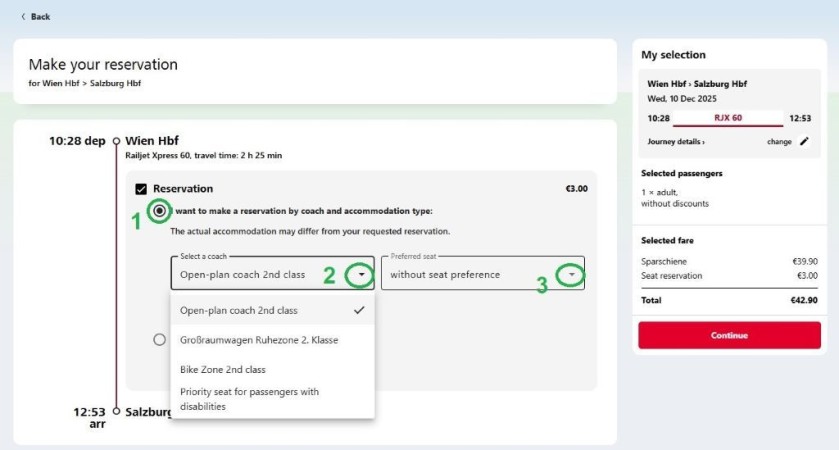 Adding a seat reservation on the OBB booking service