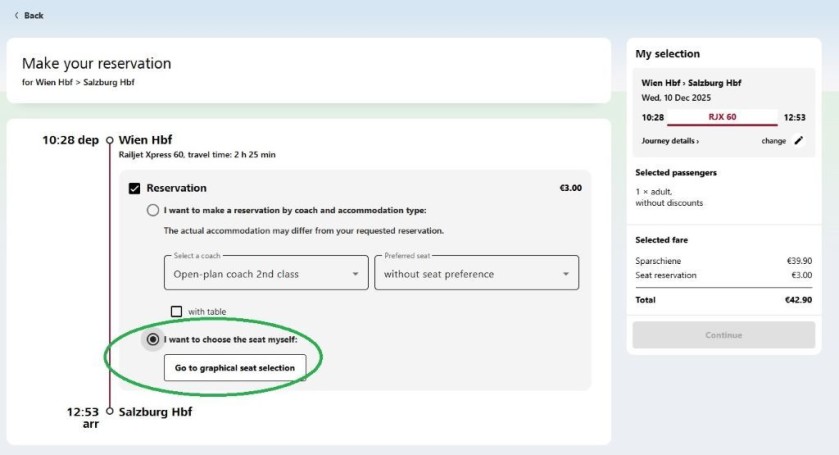 Choosing specific seats when booking tickets on the OBB website