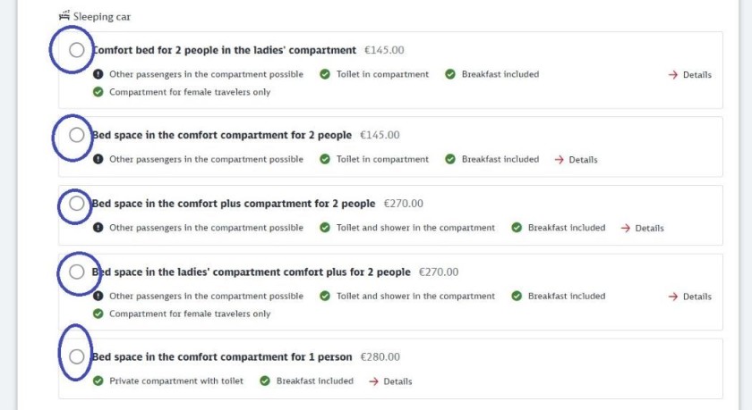 Booking a sleeping cabin on the DB website