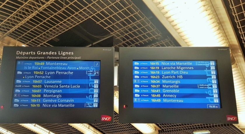 Departure screens in Hall 3 of Paris Lyon station showing in which Hall to wait for trains