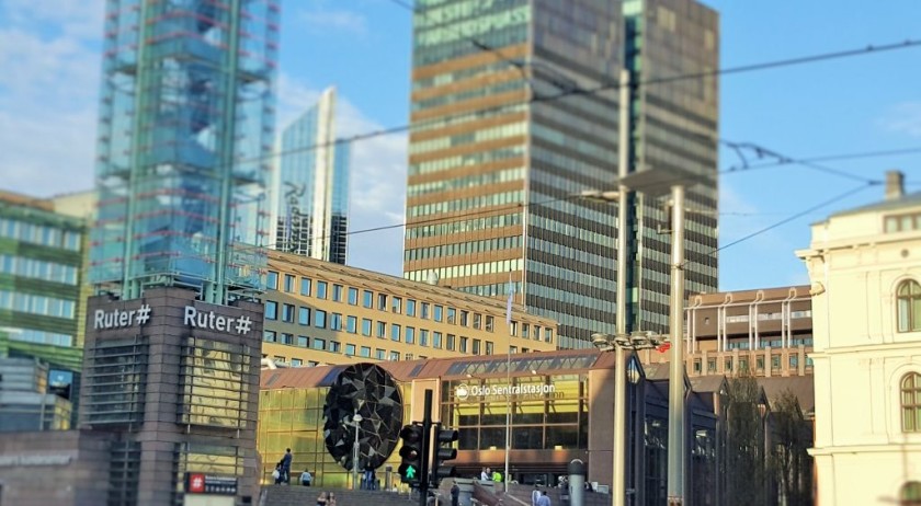 The main entrance at Oslo Sentral station from across the street in front of the station (the tram stops are to the left)