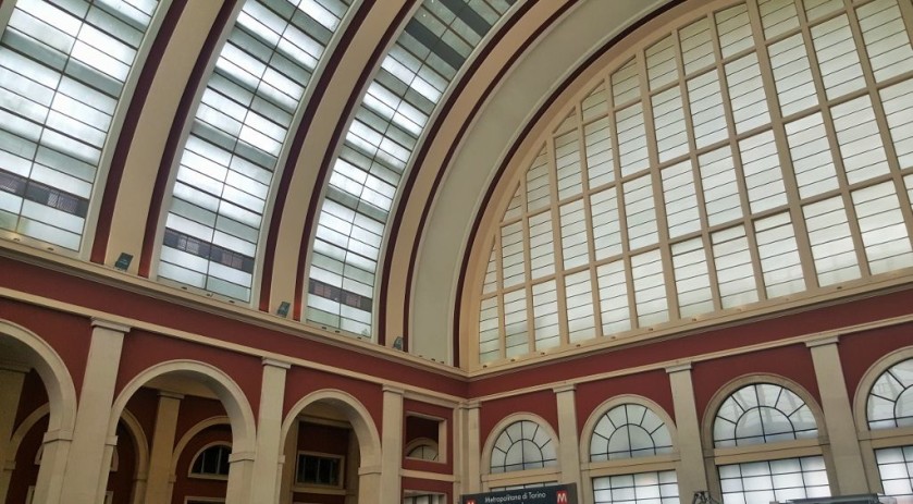 The beautiful main departure hall at the front of Torino Porta Nuova where the Metro entrance is located