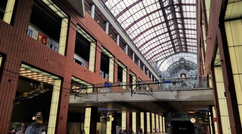 Looking up from the lowest level of the four levels inside Antwerp's main station