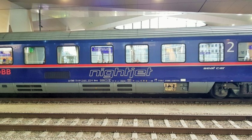 The 2nd class seating coach - a seatwagen on a Nightjet train