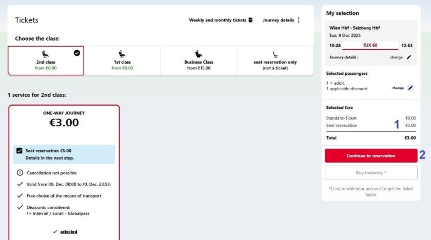 Booking a rail pass reservation on the OBB website