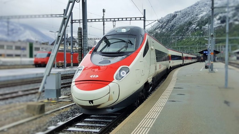An ETR 610 train on a Geneve - Milano service arrives in Brig