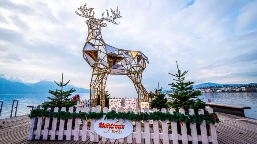 The Christmas market in Montreux is on the shore of Lake Geneva