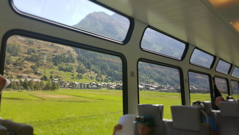 The interior of one of the newer MGB trains. that have windows set into the roof