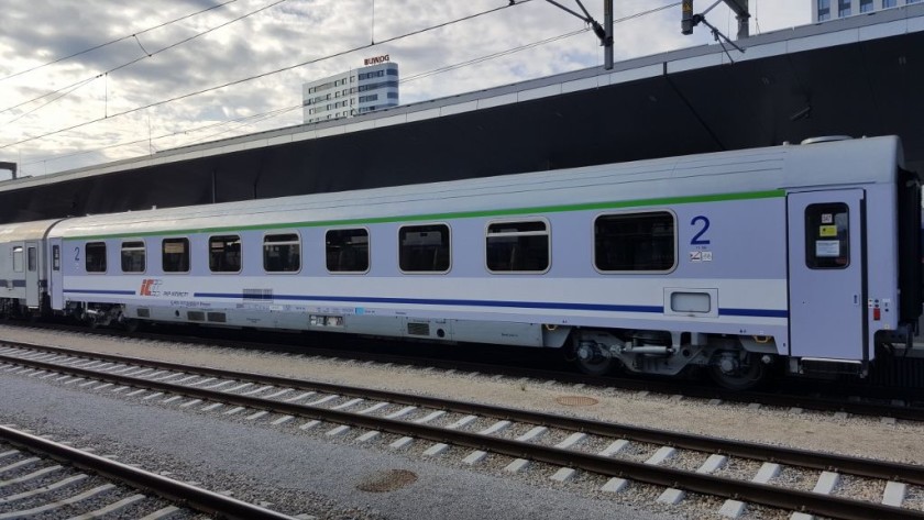 The EC train to Warszawa about to depart from Wien conveying PKP (Polish) coaches