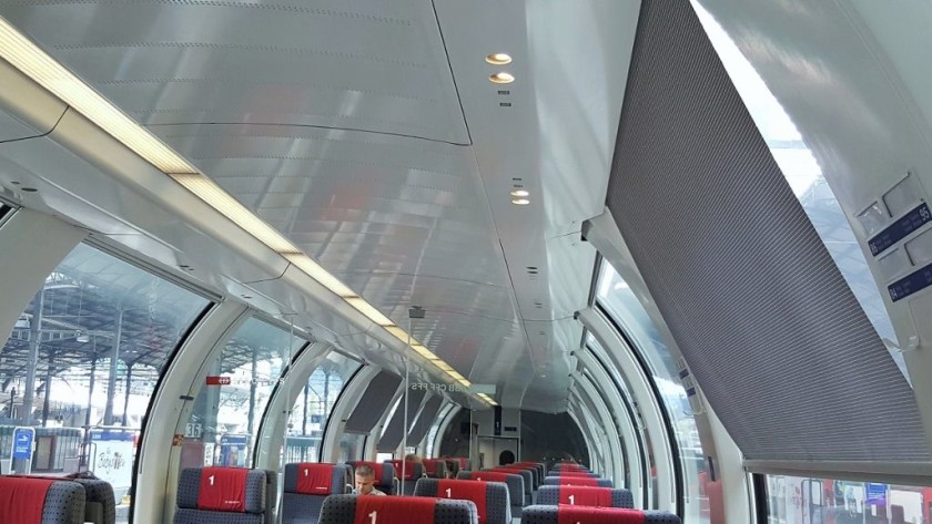 Interior view of one of the 1st class observation cars used on the Gotthard Panorama Express