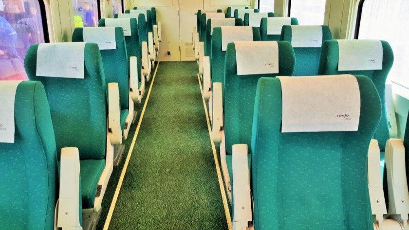 The interior of a Confiort class coach on an Alvia (102) train