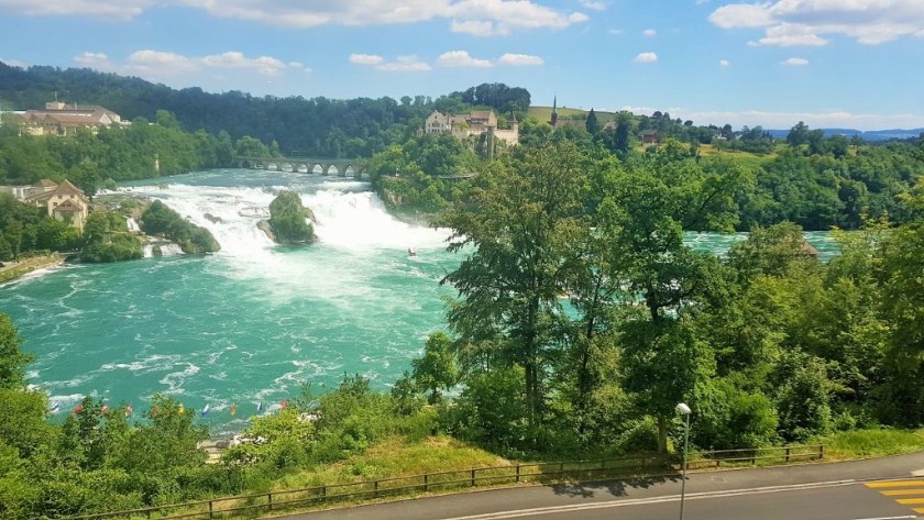 The Schaffhausen Falls viewed from a train between Zurich and Schaffhausen