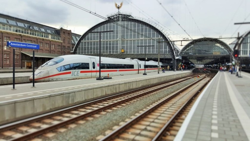 An ICE train departs from Amsterdam Centraal for Frankfurt