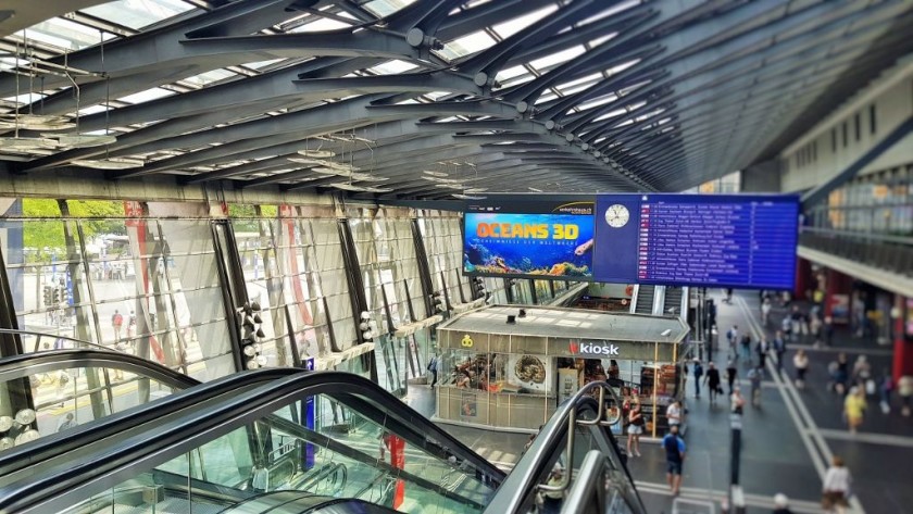 Looking down on to the concourse at Luzern station - the step free access to the trains is on the right