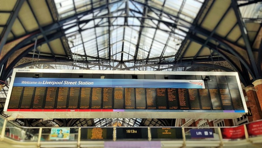 The main departure board, note how it is split in to east and west sections