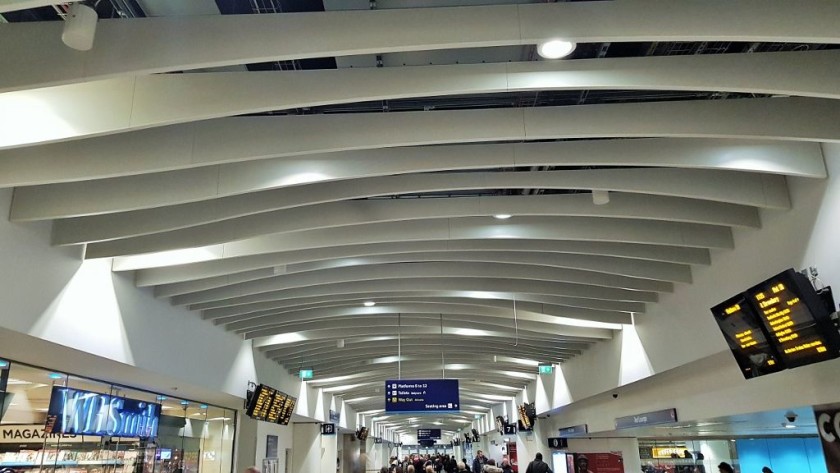 In the red lounge passageway which spans the station