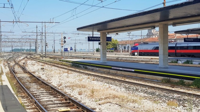 On departure from Venezia S. Lucia, the trains head across a bridge over the lagoon to the mainland