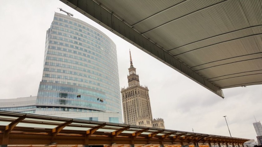 The Palace of Culture And Science is the older tower, a 5 min walk from Centralna