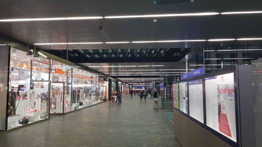 The main passage way which crosses the station under the platforms used by the long-distance trains