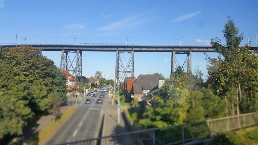 The train spirals down through the town, two mins earlier the train was on the viaduct