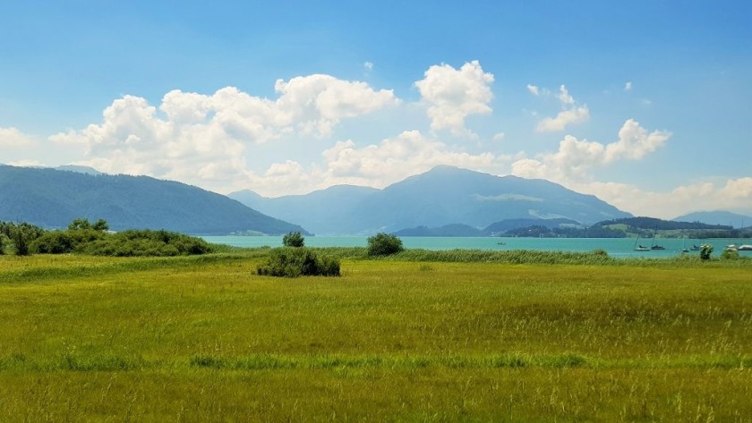 The view over Lake Zug after the train has departed from Zug