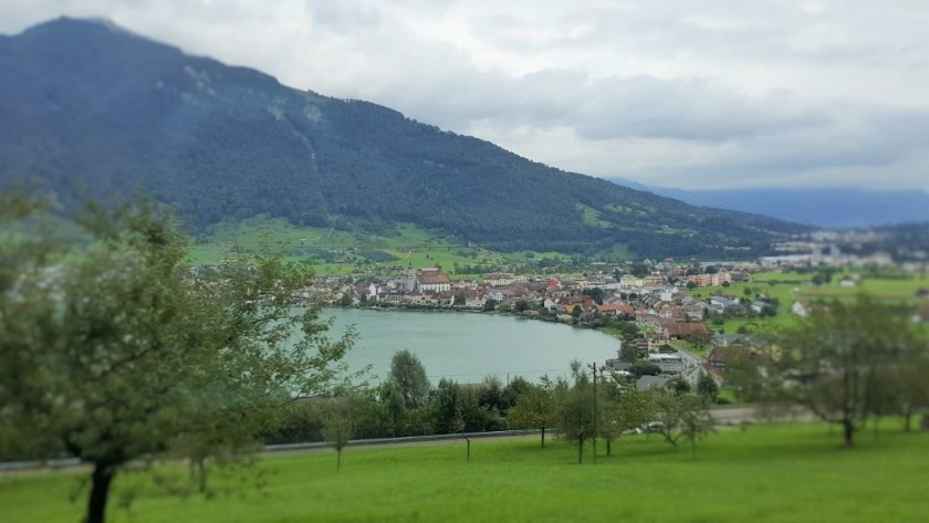 Looking down on the town of Arth on a grey day