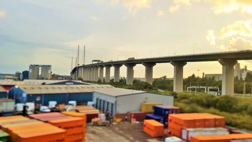 The Queen Elizabeth II road bridge over the River Thames can be seen from the right.