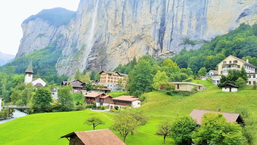 The view of the waterfall as the train departs Lauterbrunnen