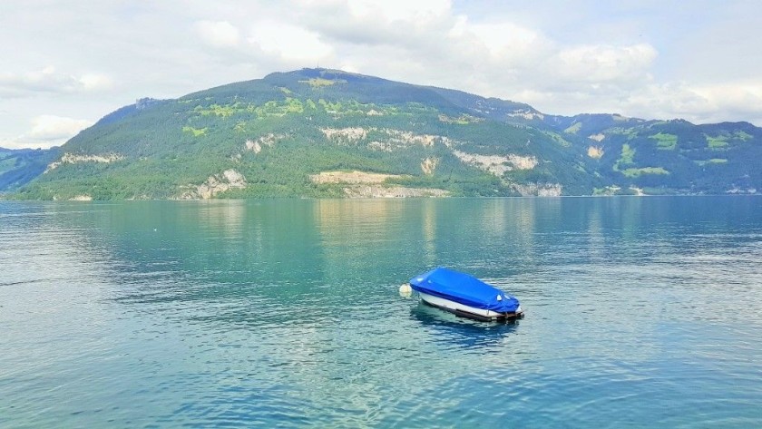 After Spiez the railway is by the shore of Thunersee