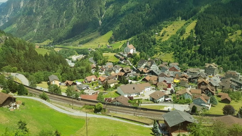 The railway spirals around the village of Wassen