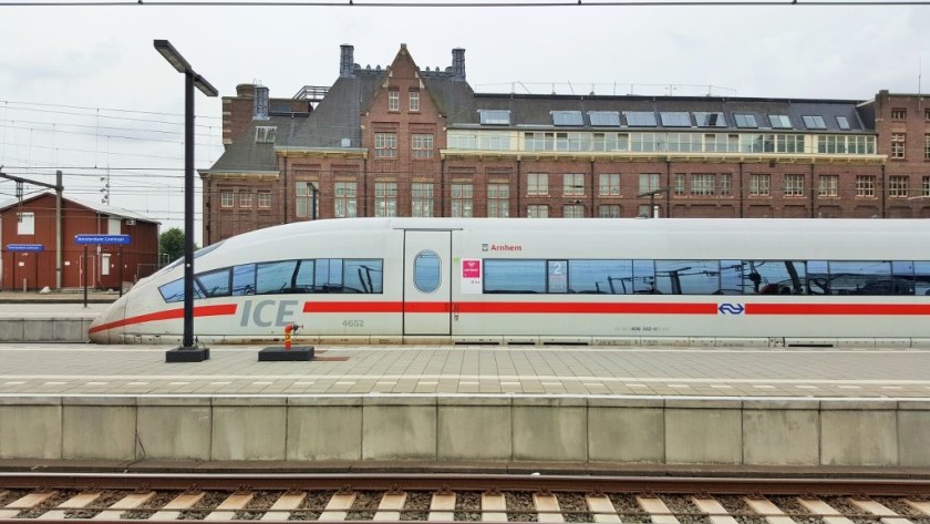 An ICE train to Germany awaits departure from Amsterdam