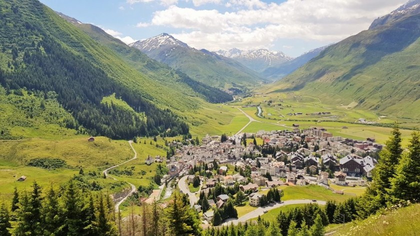 Looking down on Andermatt from a train heading to Oberalp