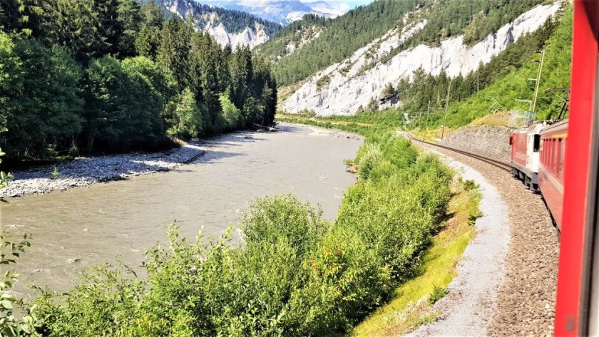 Through the gorgeous gorge on a train between Chur and Disentis/Mustér