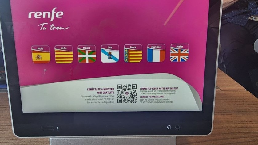 The individual on board entertainment and info screen in 1st class on a Talgo AVRIL train