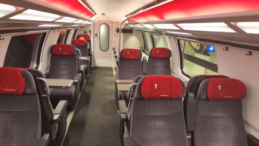 An upper deck 1st class seating saloon on a Swiss IC 2000 train