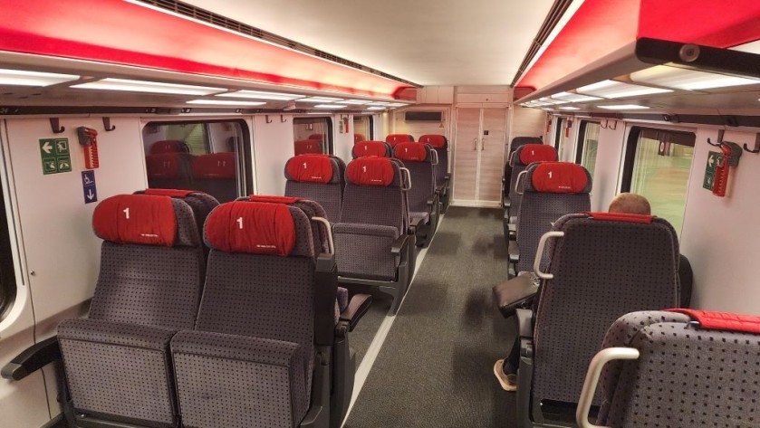 A refurbished lower deck 1st class seating saloon on a Swiss IC 2000 train